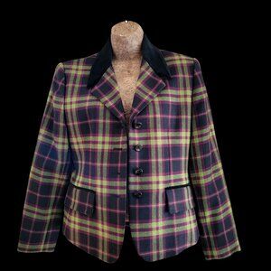 Vtg Women's Plaid Tartan Velour Collar Wool  Blazer